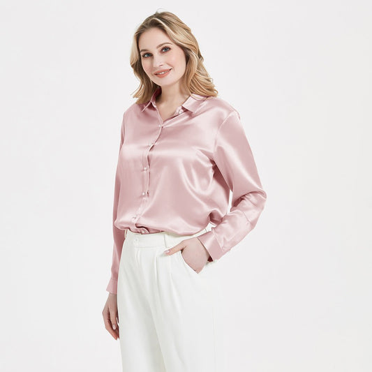 Elegante Frauenperlenschnalle Seidenbluse Seiden Langarm Hemd