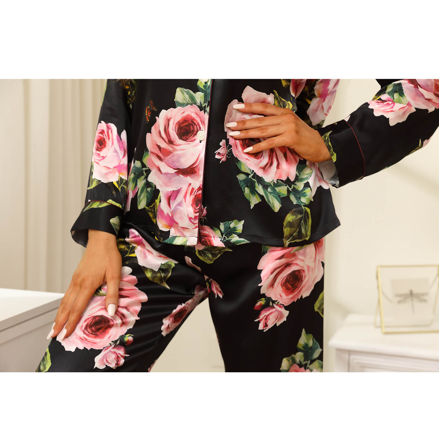 Long Floral Silk Pajama Set For Women Pink Black Real 100 Ladies Silk Pjs Mulberry Silk Sleepwear - slipintosoft