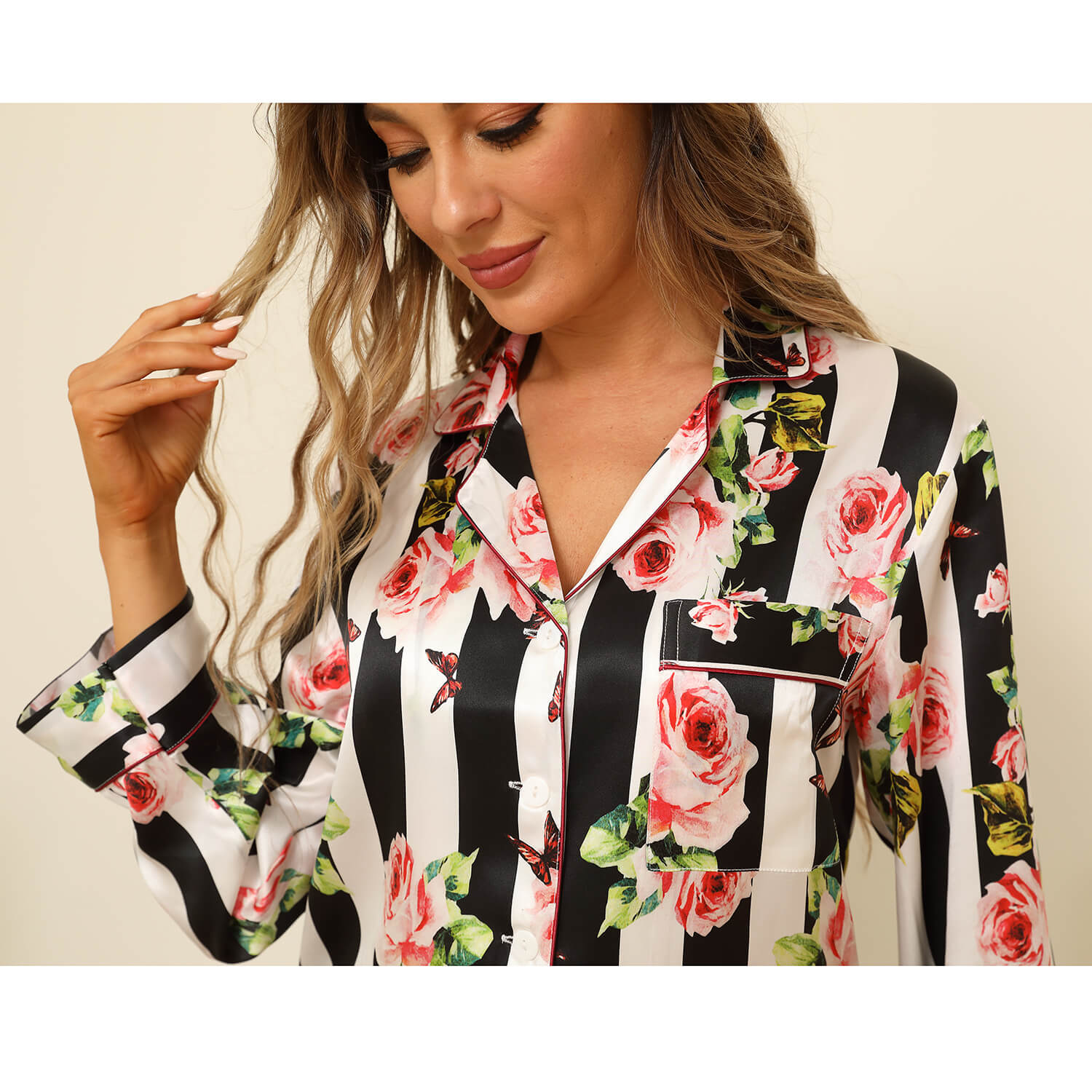 Women Flower Printed Silk Pajamas 100% Floral Silk Sleepwear