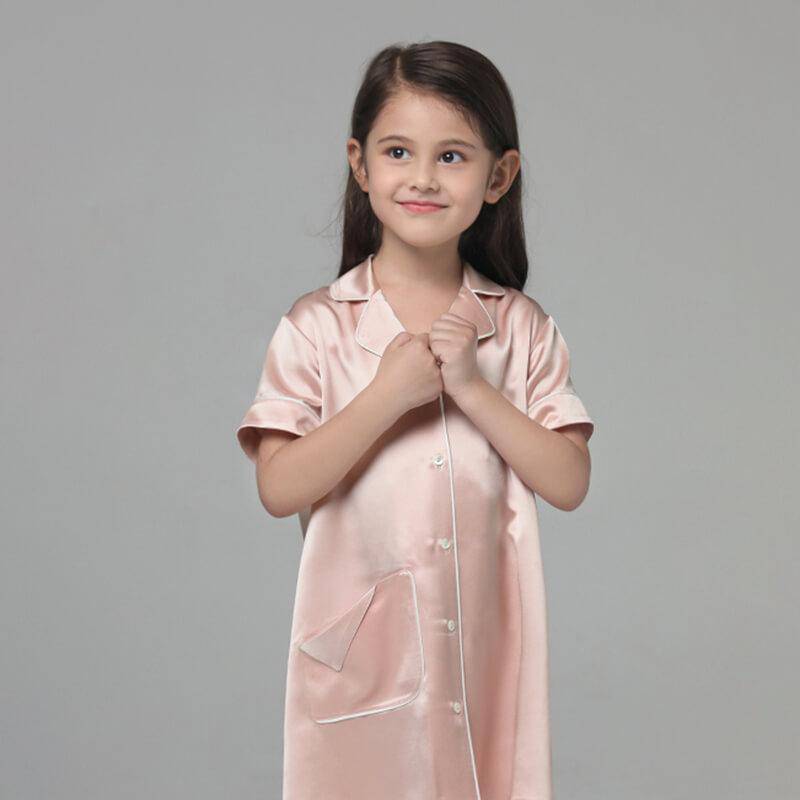 19 Momme Kid's Silk Nightshirt Girls Fashion Sleep Shirt with Pocket White Piping -  slipintosoft