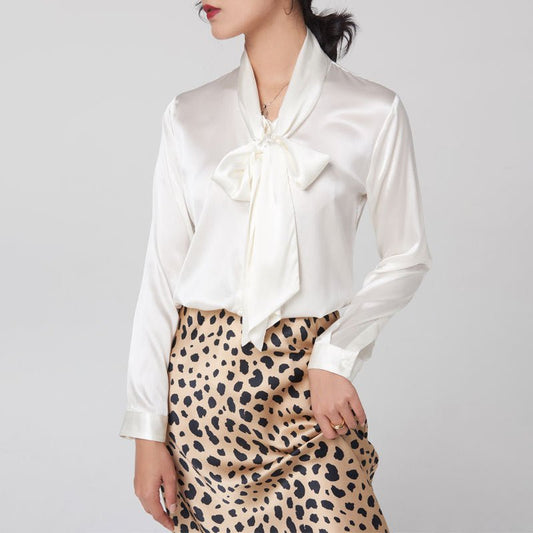 Gold Tie Neck Long Sleeve Silk Shirt For Women - slipintosoft