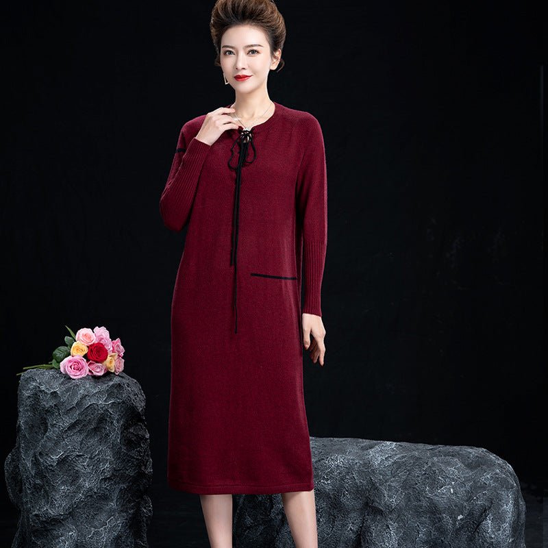 Ladies Crew Neck Cashmere with Tie Dresses Tea Length Cashmere Sweater Dress Women Cashmere Dress