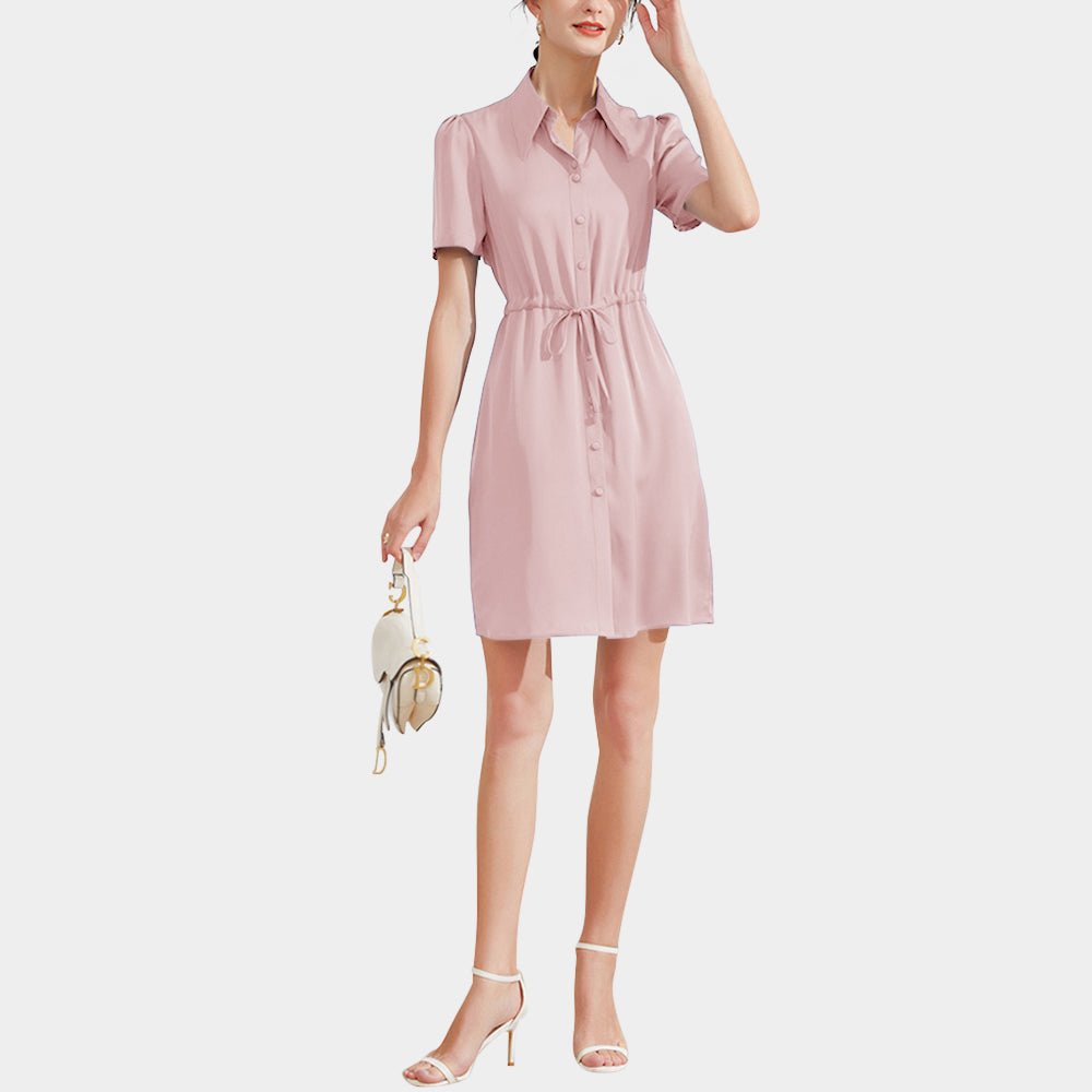 Summer Short Sleeves Silk Dresses 100% Pure Mulberry Silk Shirt Dress Ladies Button Dress - slipintosoft