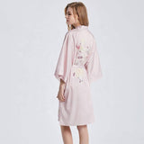 100% Short Silk Kimono Robe Light Pink in Chinese Printing Ladies Sleek and Soft Loungwear -  slipintosoft