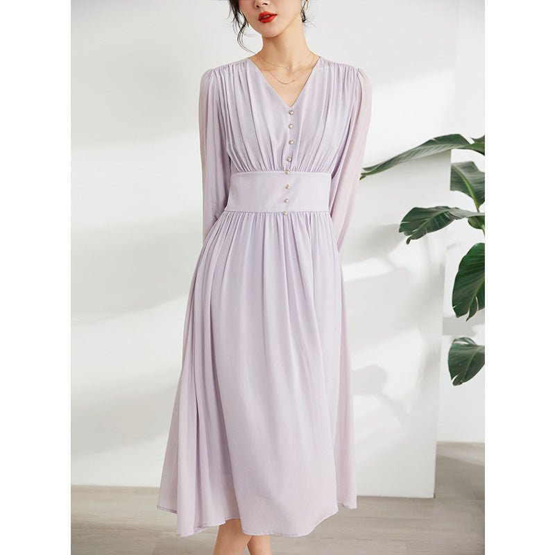 New Ladies 100% Pure Silk Elegant Long Sleeves Dress Temperament Light Purple Silk Dresses - slipintosoft