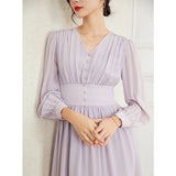 New Ladies 100% Pure Silk Elegant Long Sleeves Dress Temperament Light Purple Silk Dresses - slipintosoft