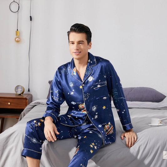 Long Silk Pajama Set for Men Luxury Print Comfortable Silk Nightwear - slipintosoft