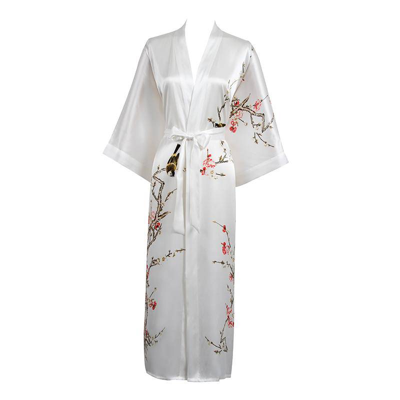 Quality 100% Long Silk Kimono for Women Cherry Blossom Printing Ladies Luxury Mulberry Silk Kimono Robe -  slipintosoft