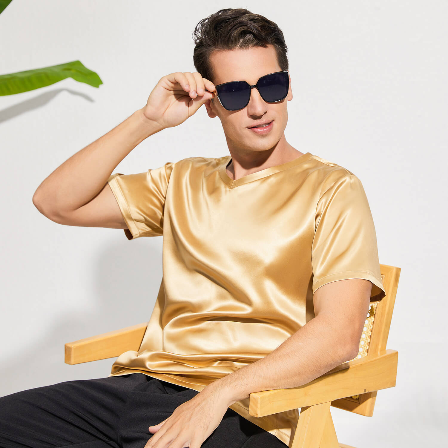 Luxury Pure Silk Shirt For Men Classic Short Sleeves V-Neck Silk Top Tee - slipintosoft