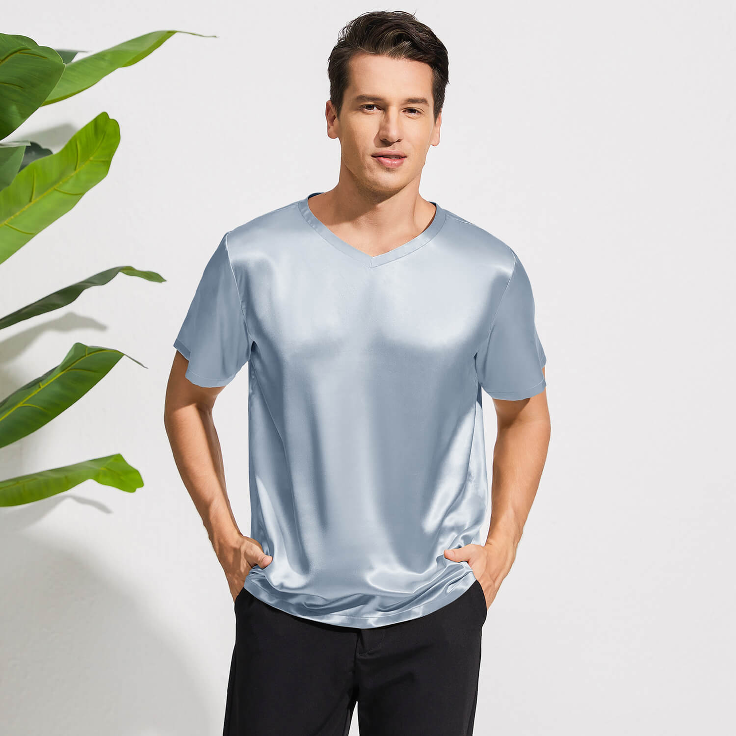 Luxury Pure Silk Shirt For Men Classic Short Sleeves V-Neck Silk Top Tee - slipintosoft