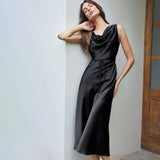 Luxury Silk Dresses Cowl Neck Sleeveless One Piece Dress With Belts - slipintosoft