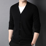 Mens V Neck Button - Up Pure Cashmere Cardigan Long Sleeve Ribbed Hem Knitted Coat