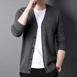 Mens V Neck Button - Up Pure Cashmere Cardigan Long Sleeve Ribbed Hem Knitted Coat