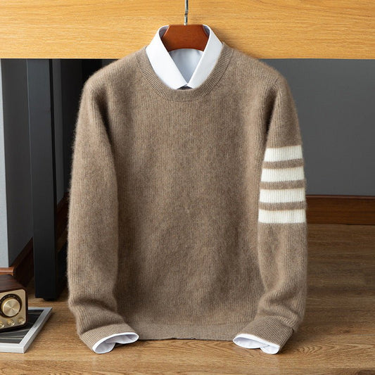 Mens Striped Sleeve Cashmere Sweater Crew Neck Long Sleeve Ribbed Hem Pullover