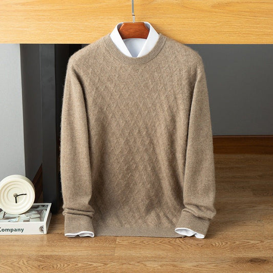 Mens Diamond Pattern Cashmere Sweater Crew Neck Long Sleeve Knit Sweatershirt