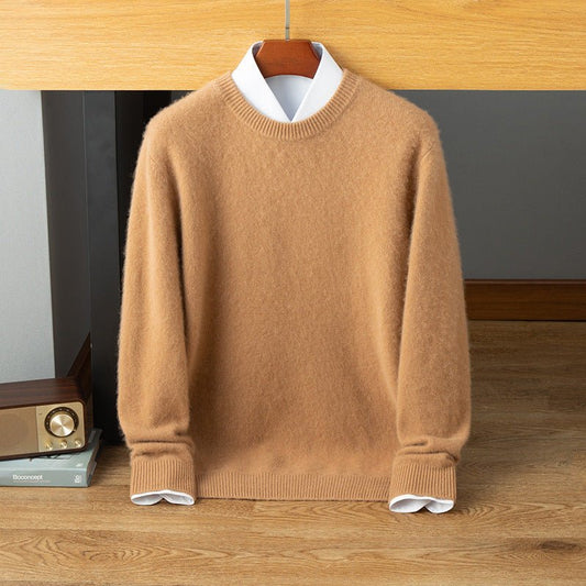 Mens Crew Neck Cashmere Sweater Long Sleeve Ribbed Hem Soft Knit Coat