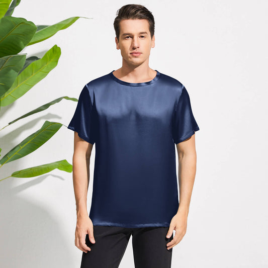 Mens Crew Neck Silk T Shirt Short Sleeve Silk Round Collar Tee