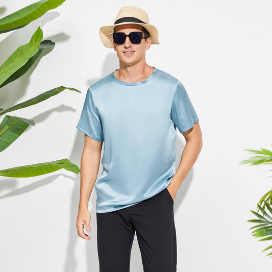 Mens Crew Neck Silk T Shirt Short Sleeve Silk Round Collar Tee