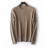Mens Diamond Knit Cashmere Sweater Crew Neck Long Sleeve Cashmere Pullover Taupe XS