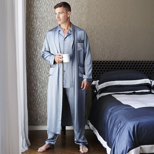 Langer Herren-Seidenpyjama und Bademantel-Set, durchgehende Seiden-Nachtwäsche