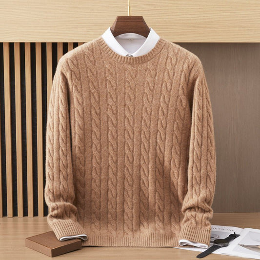 Mens Cable Knit Cashmere Sweater Crew Neck Long Sleeve Ribbed Hem Cashmere Sweatshirts