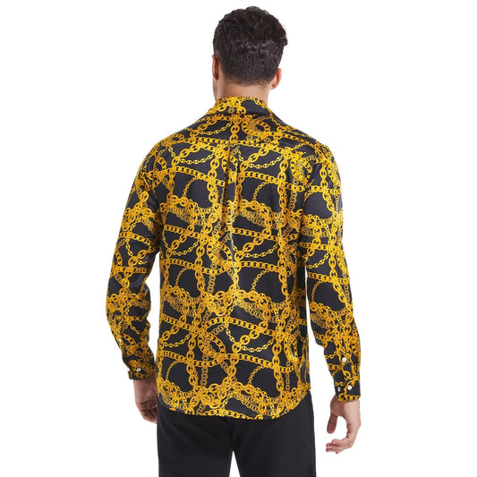 Men's Gold Chains Print Button Down Long Sleeve Silk Shirt