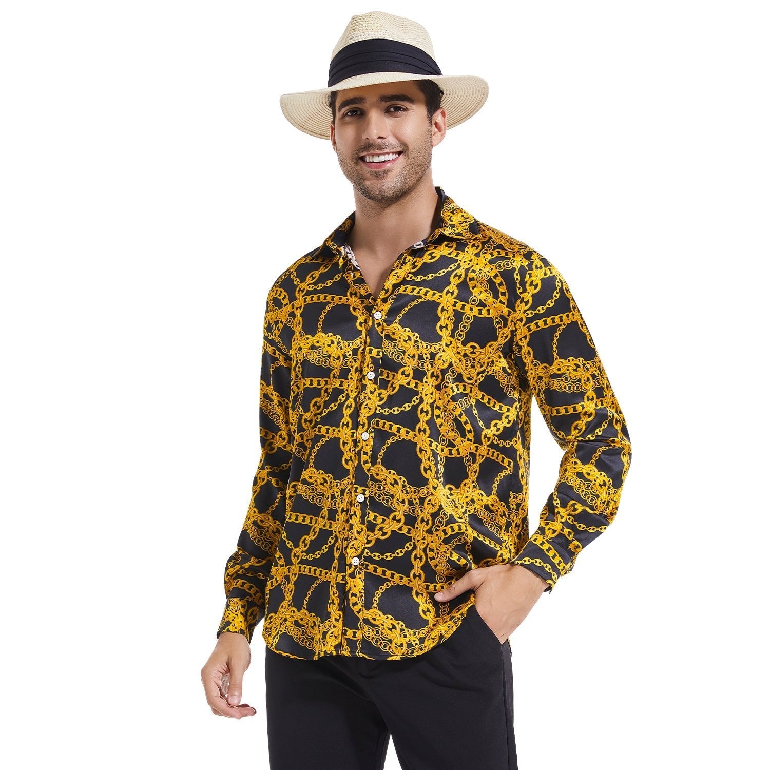 Men's Luxury Gold Chains Print Button Down Long Sleeve Silk Dress Shirt - slipintosoft