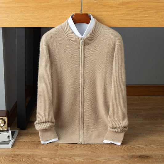 mens mock neck cashmere cardigan warm business zip - up solid cashmere sweater coat - slipintosoft