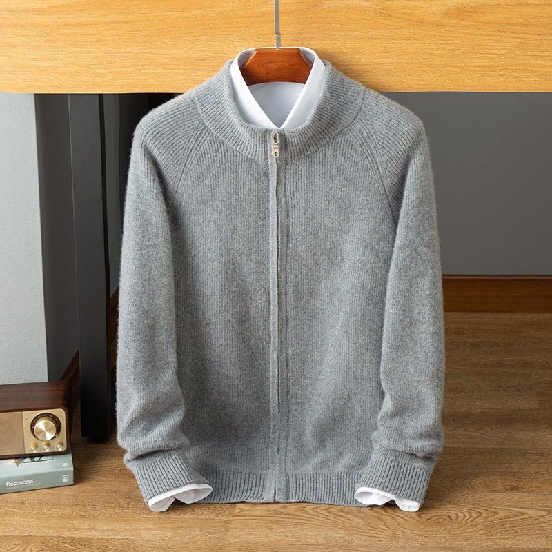 Mens Zip - Up Cashmere Sweater Stand Collar Long Sleeve Knitted Sweater Coat