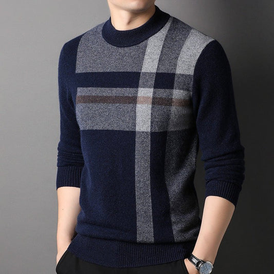 Mens Mock Neck Cashmere Sweater Business Casual Long Sleeve Stripe Cashmere Tops - slipintosoft