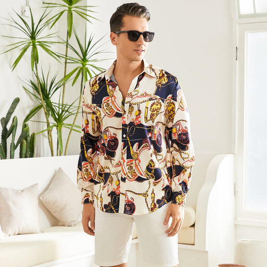 Printed Silk Shirt Long Sleeve Button Down Silk Shirt