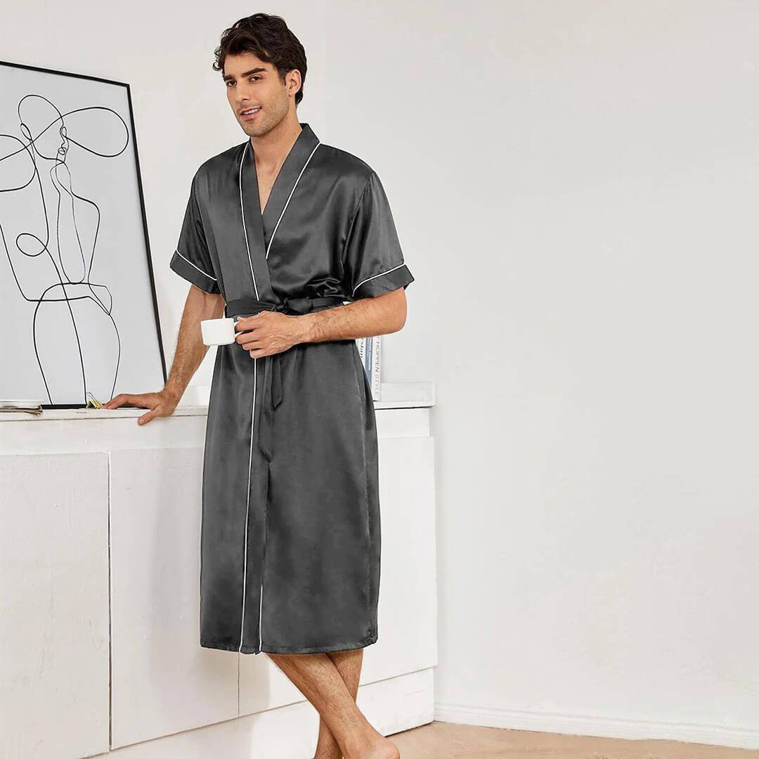 Men's Short Silk Robe Set Two Pieces Silk bathrobe Silk Kimono Robe Set with Shorts -  slipintosoft