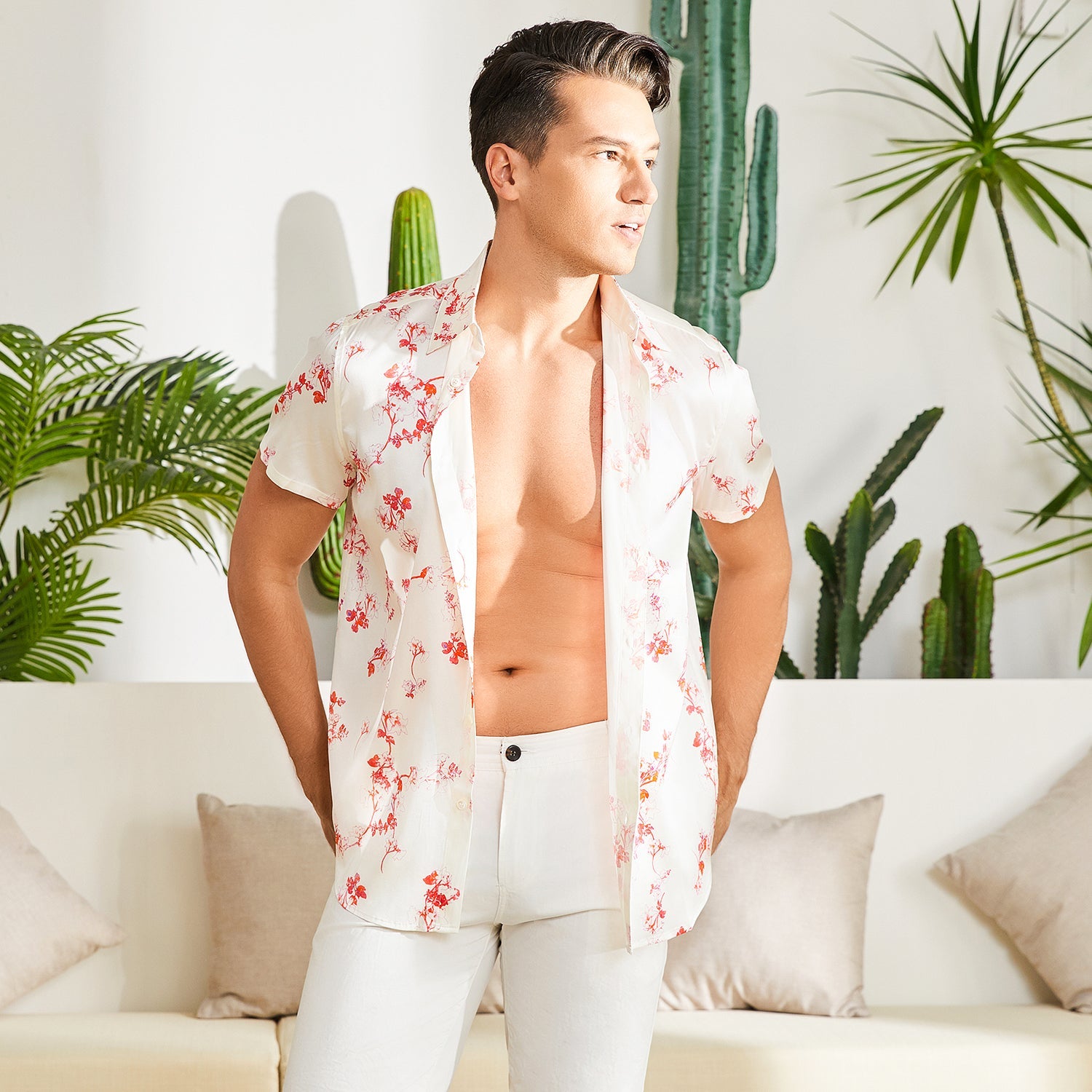 Men's Silk T Shirt Floral Print Short Sleeve White Silk Dress Shirt - slipintosoft