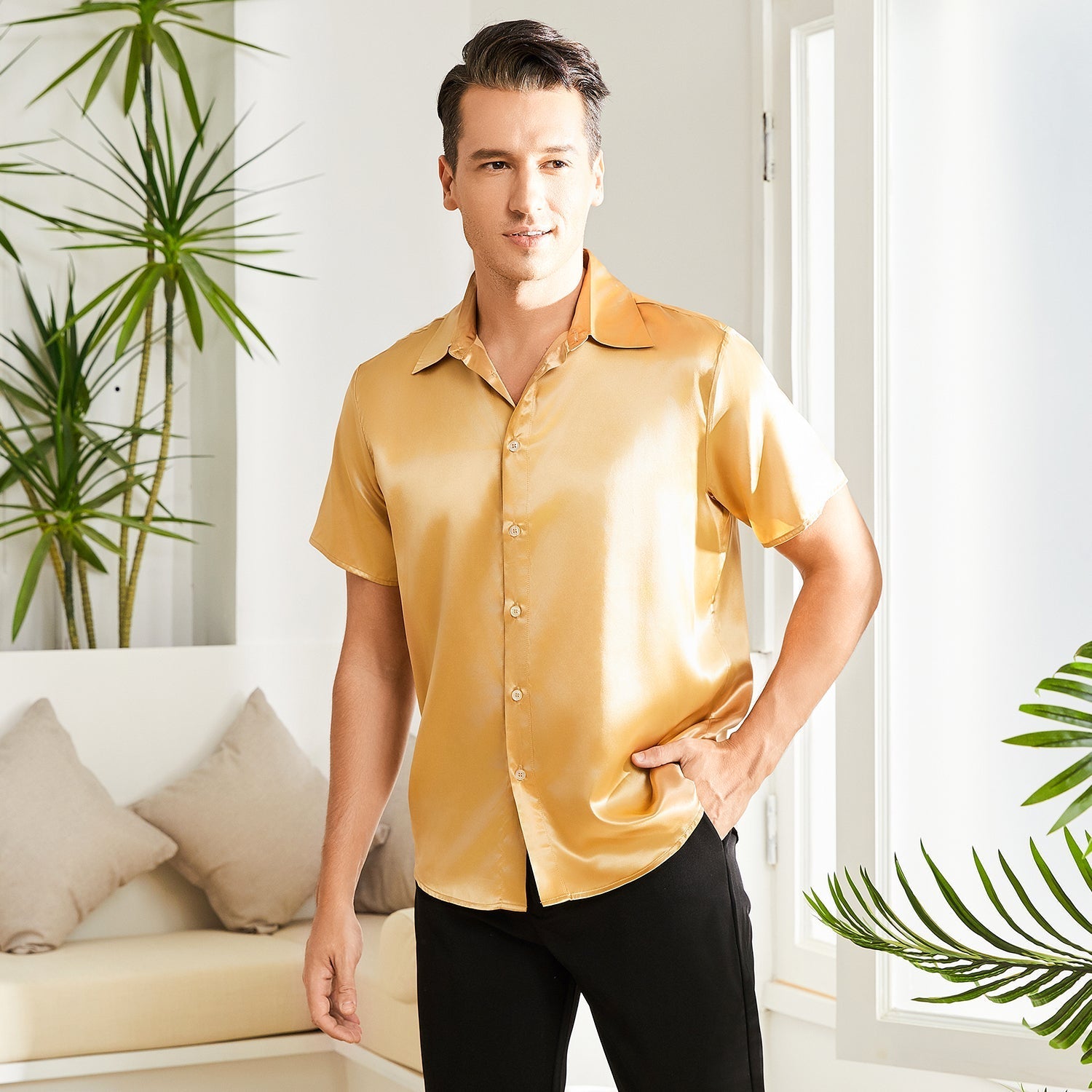 Men's Silk T Shirt Button Down Silk Short Dress Shirt - slipintosoft