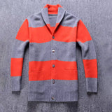 Mens Striped Shawl Collar Cashmere Cardigan Button - Front Long Sleeve Coat