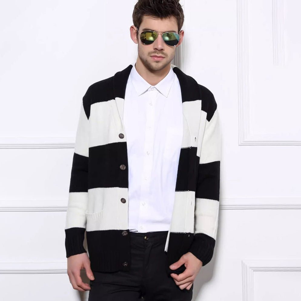 Mens Striped Shawl Collar Cashmere Cardigan Button - Front Long Sleeve Coat