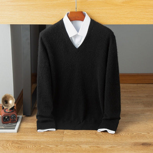 Mens V Neck Cashmere Sweater Long Sleeve Ribbed Hem Sweatershirt