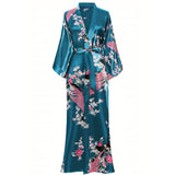 Mulberry Silk Kimono for Women Hand Painted Peacock & Flowers Nightwear - slipintosoft