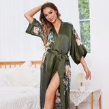 Lange Kimono-Robe aus 100 % Maulbeerseide mit Ombre-Blumendruck für Damen