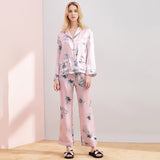 Pink Grey Floral Printed 2-Piece Long Sleeve Silk Pajamas Set - slipintosoft