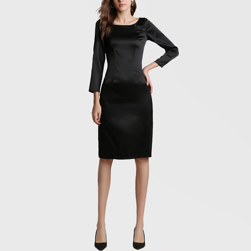 22 Momme Womens Black Slim Dress Long Sleeves Silk Straight Dress - slipintosoft