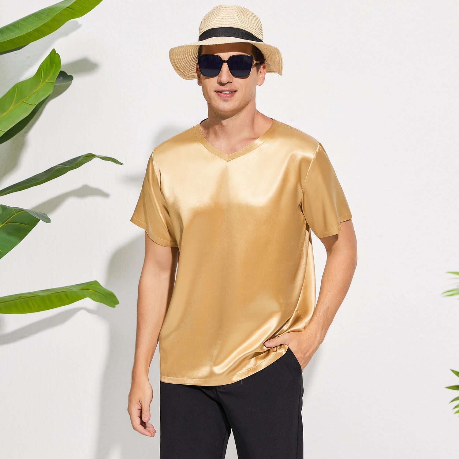 Luxury Pure Silk Shirt For Men Classic Short Sleeves V-Neck Silk Top Tee - slipintosoft