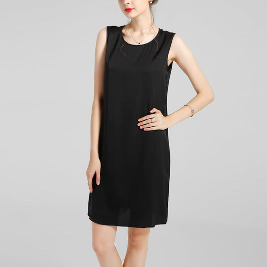 Classic Womens Black Silk Dresses 100% Pure Silk Round Neck Sleeveless Dress - slipintosoft