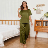 Short Sleeve Pure Silk Women's Pajama Set with Wide Leg Pants - slipintosoft