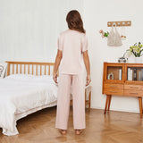 Short Sleeve Pure Silk Women's Pajama Set with Wide Leg Pants - slipintosoft