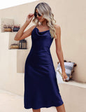 Silk midi Dress For Women Summer Cowl Neck pure Formal Dresses - slipintosoft