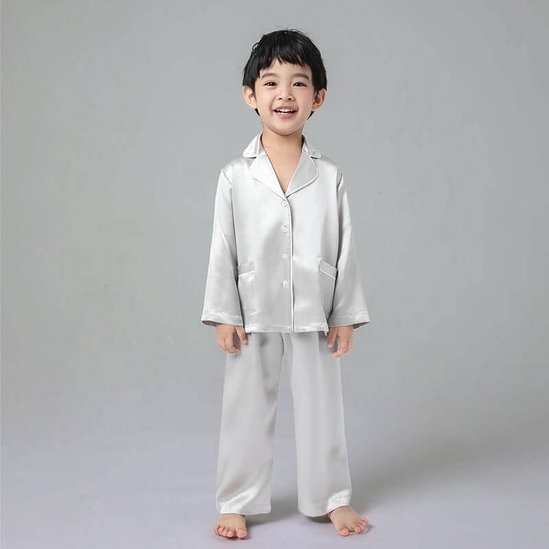 19 Momme Boys Long Silk Pajamas Set Kids' Classic PJS White/ Black Trimming 6 Colors -  slipintosoft