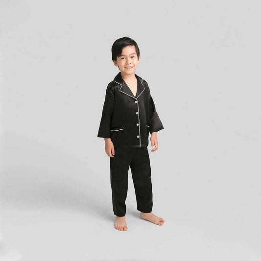 19 Momme Boys Long Silk Pajamas Set Kids' Classic PJS White/ Black Trimming 6 Colors -  slipintosoft