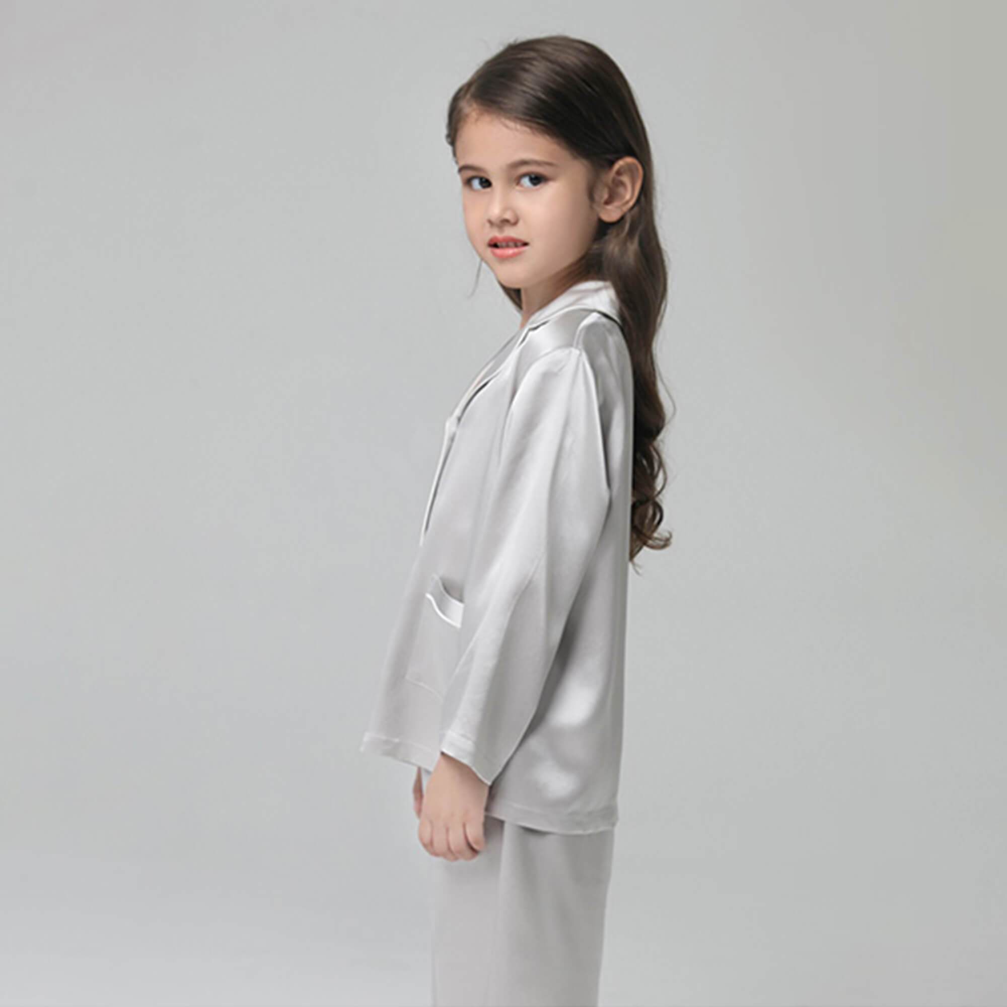 19 Momme Kid's Silk Pajamas Set Girls' Cute Long Sleeves Nighties with White Trimming -  slipintosoft