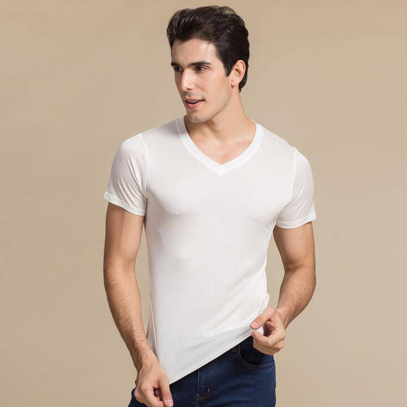 Silk Tee For Mens Mulberry Silk Knitted V Neck T Shirts Short Sleeve Undershirts Silk Shirts for Men - slipintosoft